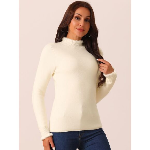 Fall Winter Fluffy Lined Long Sleeve Ribbed Knit Slim Fit Casual Top Apricot - Picture 3 of 5